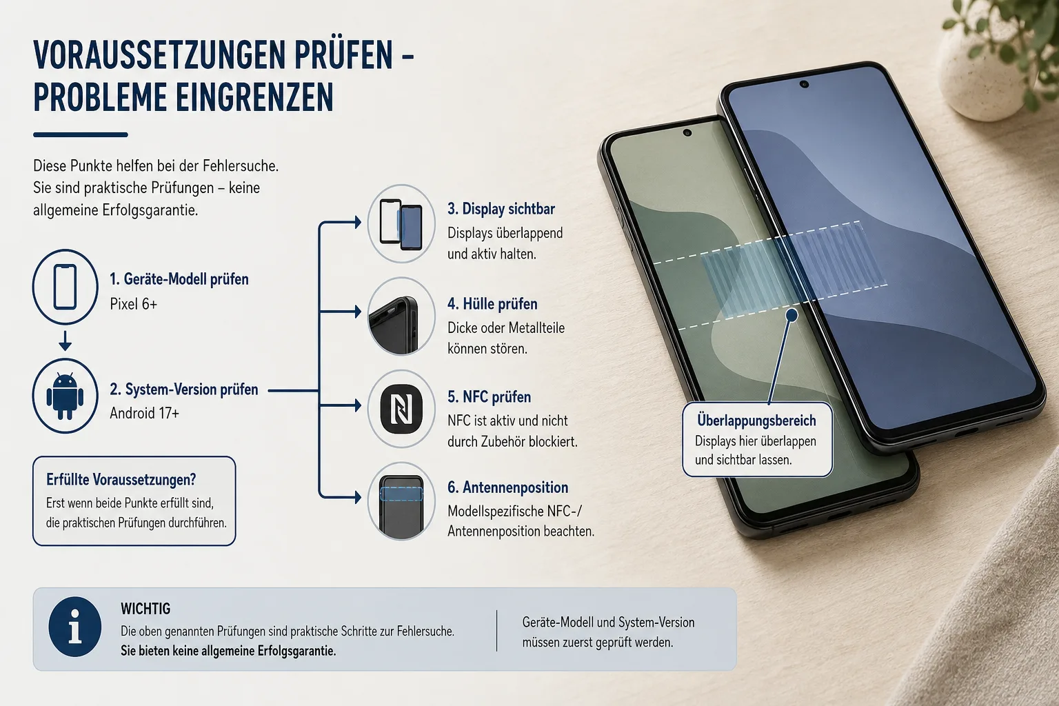 Diagnosegrafik mit Pixel-6-plus- und Android-17-plus-Grenze sowie Display-, Hüllen- und NFC-Prüfung