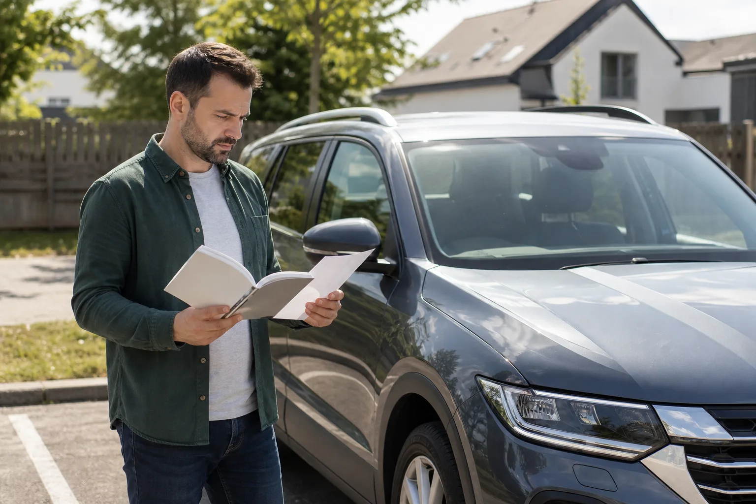 Person neben einem geparkten unmarkierten Familienauto schaut in eine aufgeschlagene Betriebsanleitung und einen neutralen Servicehinweis.