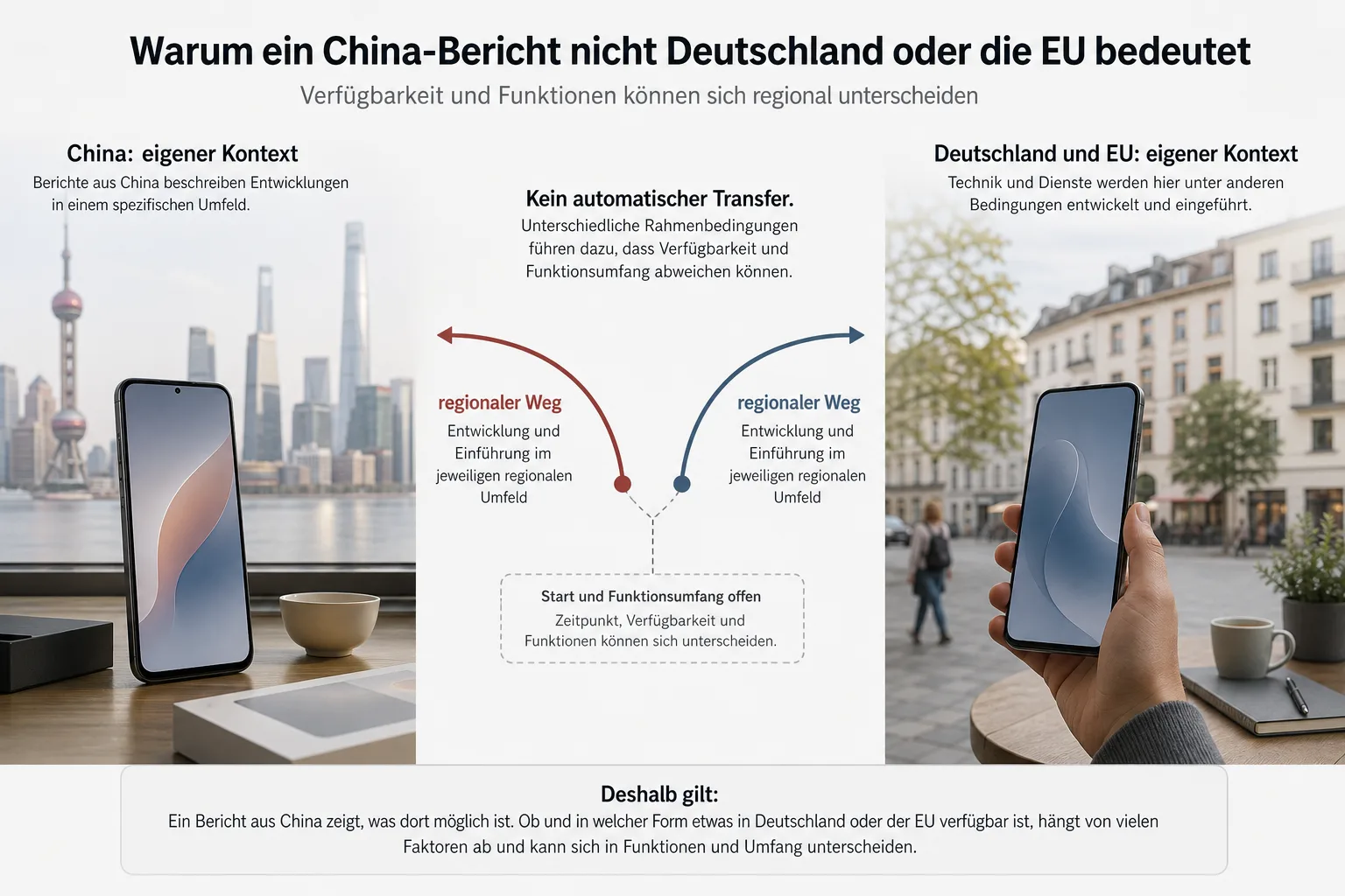 Zweiteilige Infografik mit getrennten regionalen Wegen für China und Europa
