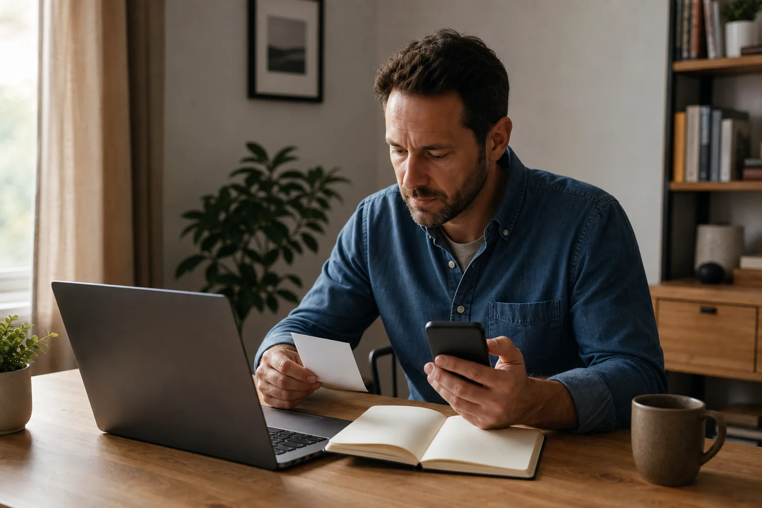 Person testet an einem unmarkierten Laptop einen Login und hält ein neutrales Telefon; Notizbuch und Papier enthalten keine lesbaren Daten oder Codes.