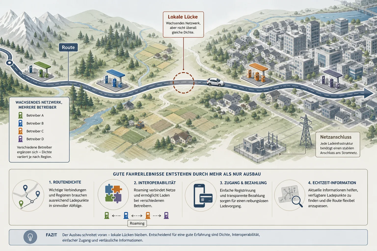 Illustrative Routenskizze mit Schnellladeorten, einer ländlichen Lücke, einem Netzanschluss und Hinweisen auf Roaming und Bezahlung.