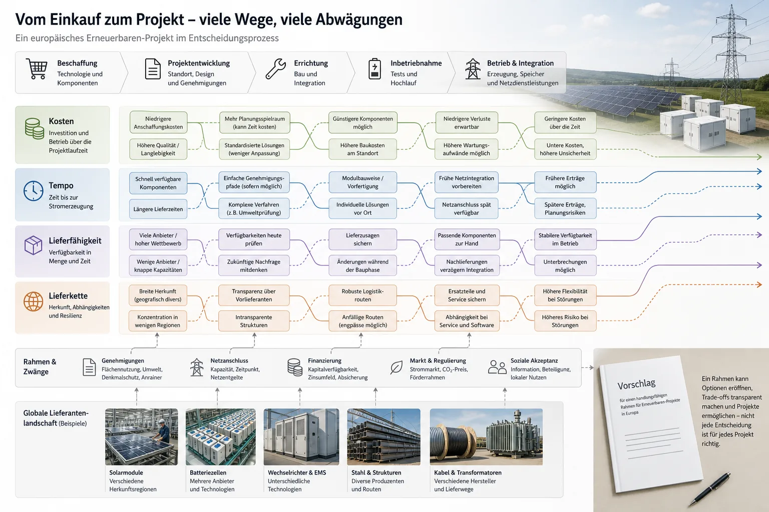 Prozessgrafik führt von der Beschaffung zu Solarprojekt, Batteriespeicher und Netzanschluss und zeigt Kosten, Tempo, Lieferfähigkeit und Lieferkette.