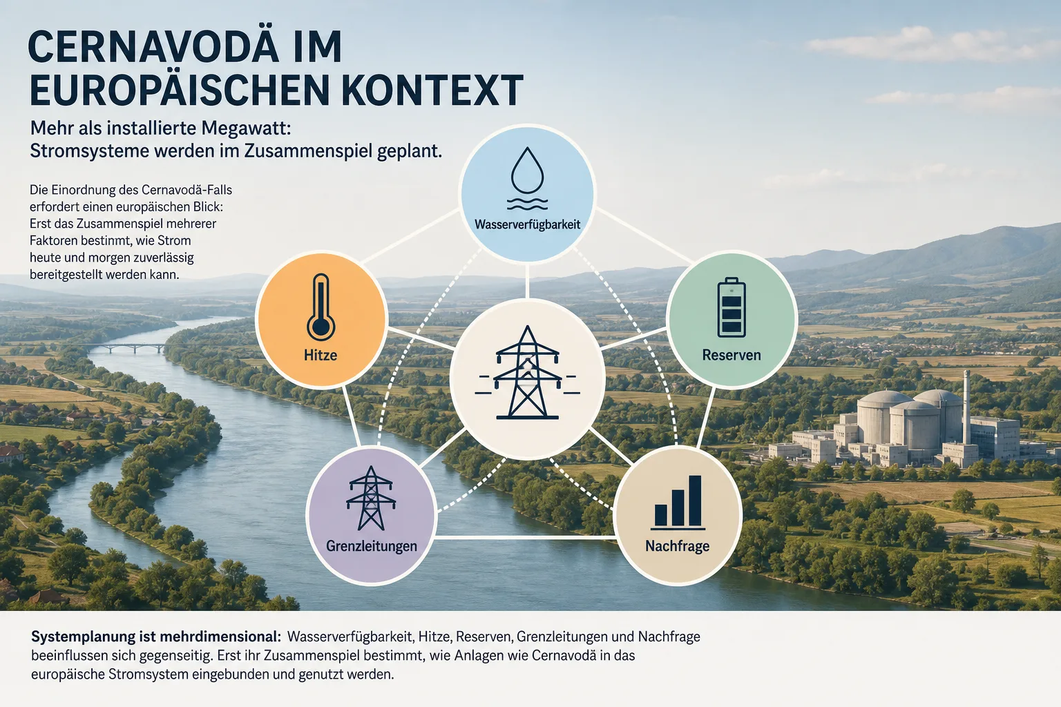 Infografik mit Wasserverfügbarkeit, Hitze, Reserven, Grenzleitungen und Nachfrage als Faktoren der Stromplanung