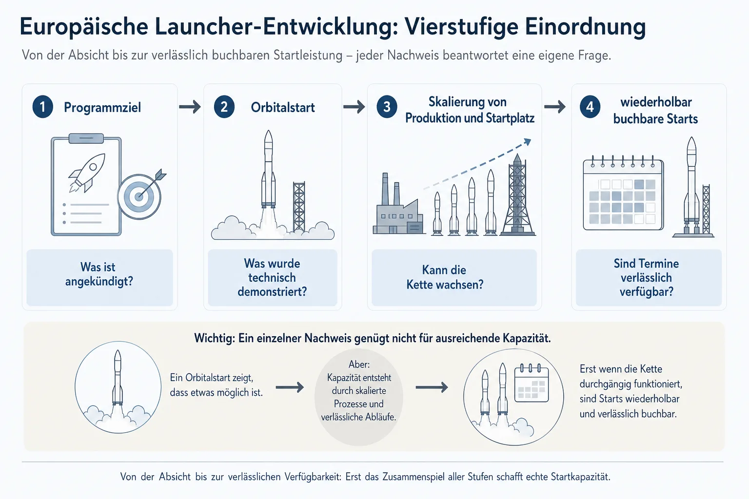 Vierstufige Infografik von Programmziel über Orbitalstart und Skalierung bis zu wiederholbar buchbaren Starts