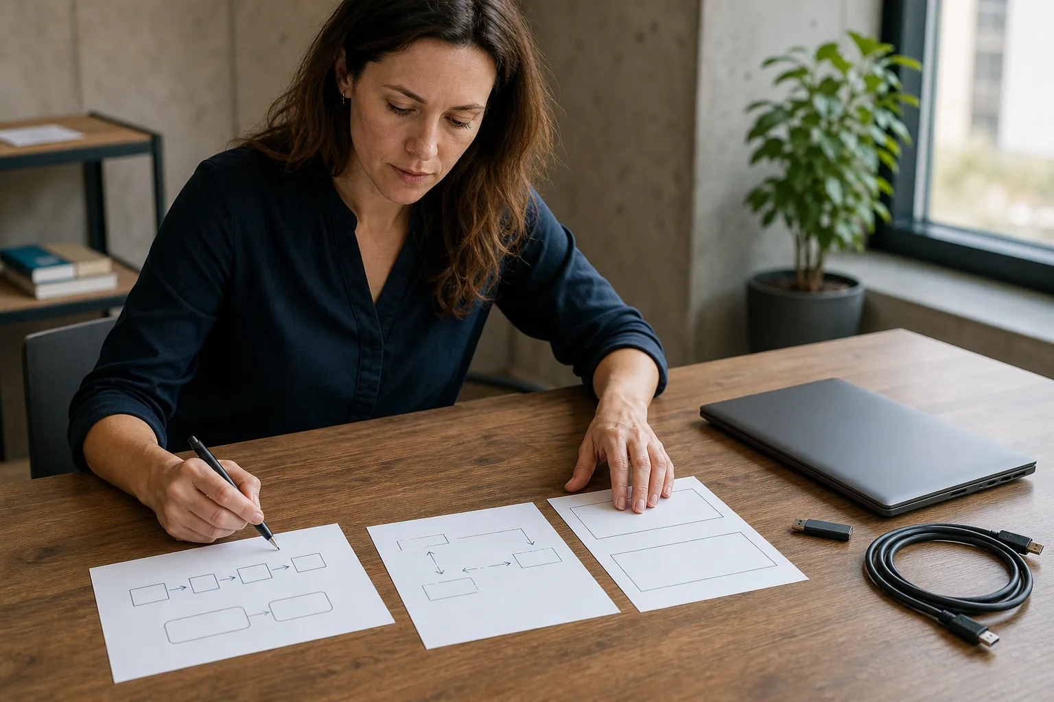 Eine Cloud-Architektin prüft am Tisch neutrale Karten zu Datenpfaden, Migration und Verträgen neben einem geschlossenen markenlosen Laptop.