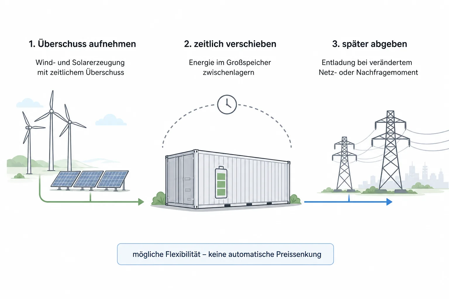 Prozessgrafik vom Aufnehmen eines Stromüberschusses über den Batteriespeicher bis zur späteren Abgabe ins Übertragungsnetz