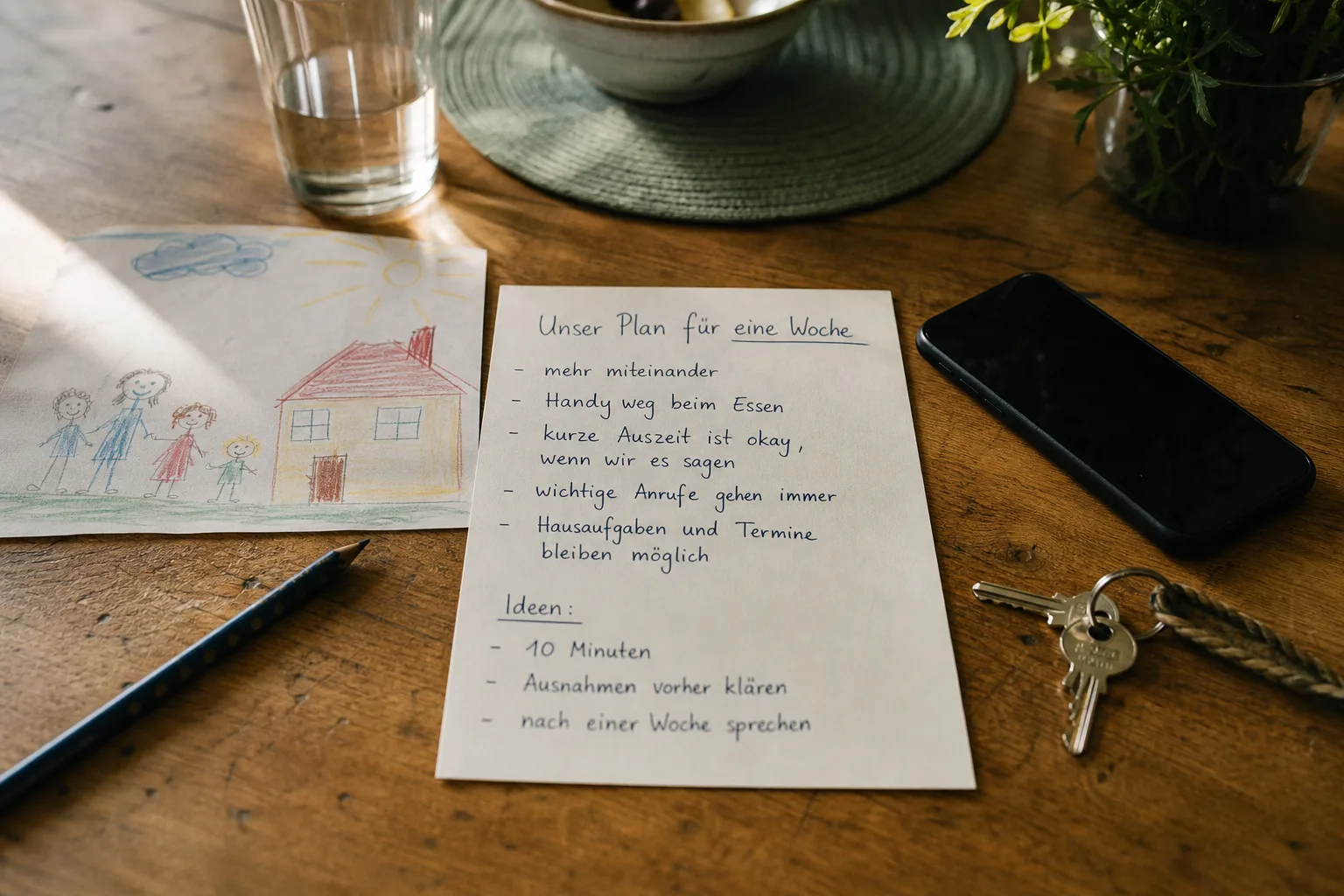 Auf einem Familientisch liegt ein ausgeschaltetes Smartphone neben einer kurzen Wochenabsprache für gemeinsame Zeit