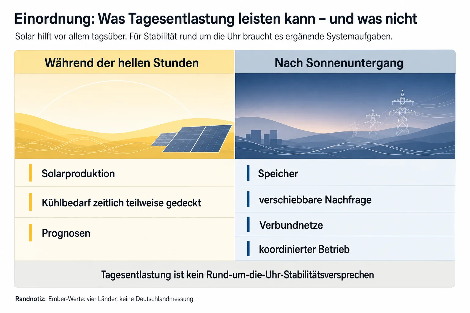 Einordnungsmatrix trennt Solar- und Kühlwirkung während der hellen Stunden von Speicher, flexibler Nachfrage und Netzkoordination am Abend