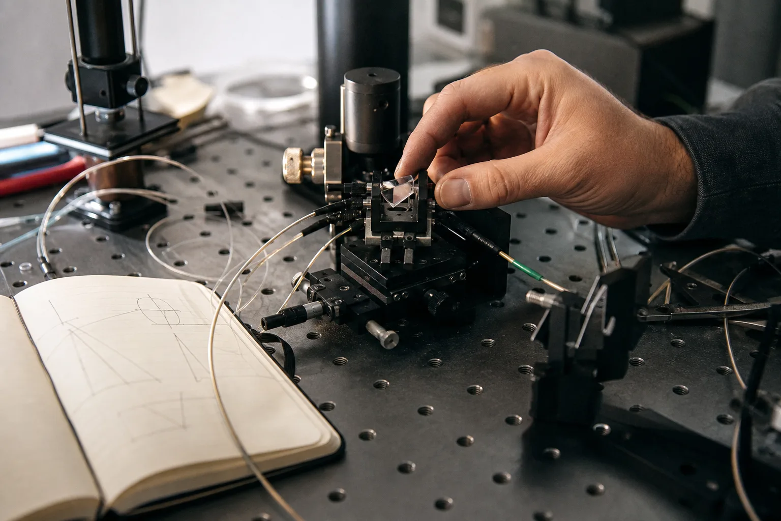 Ein Laboraufbau mit unbeschrifteter Kristallprobe, feinen Glasfasern, neutralen Messleitungen und einer Hand, die die Probe vorsichtig ausrichtet.