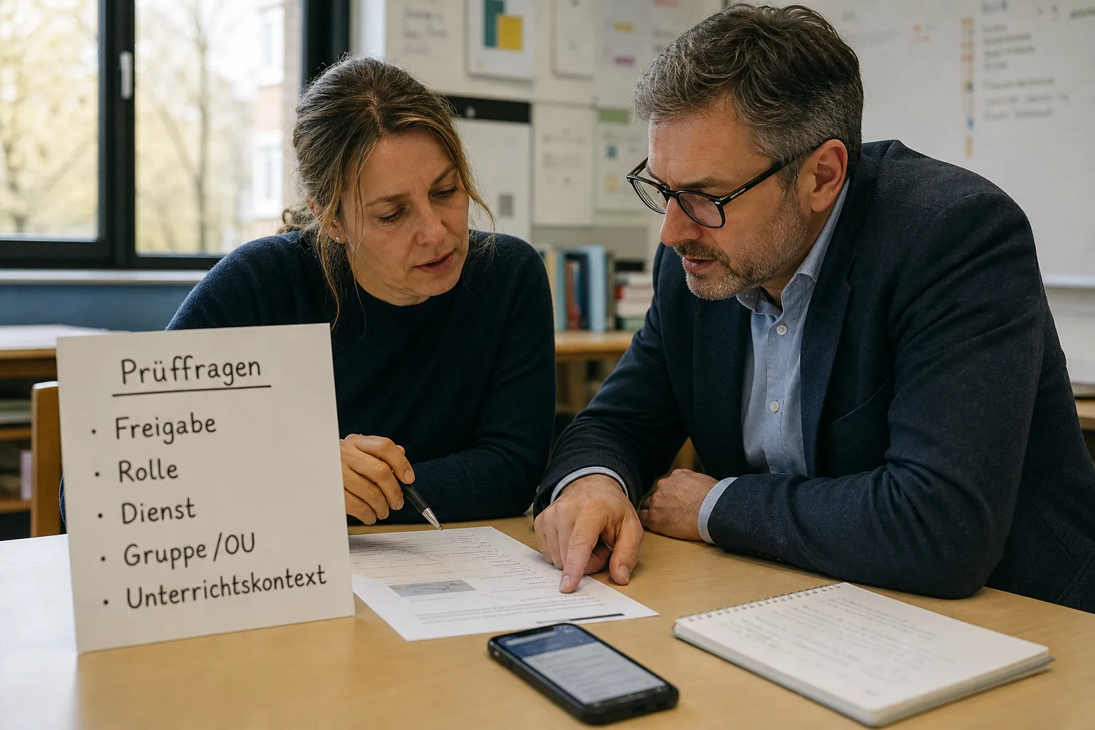 Lehrkraft und Schuladministrator prüfen an einem Tisch die Einführung einer mobilen KI-Lernhilfe