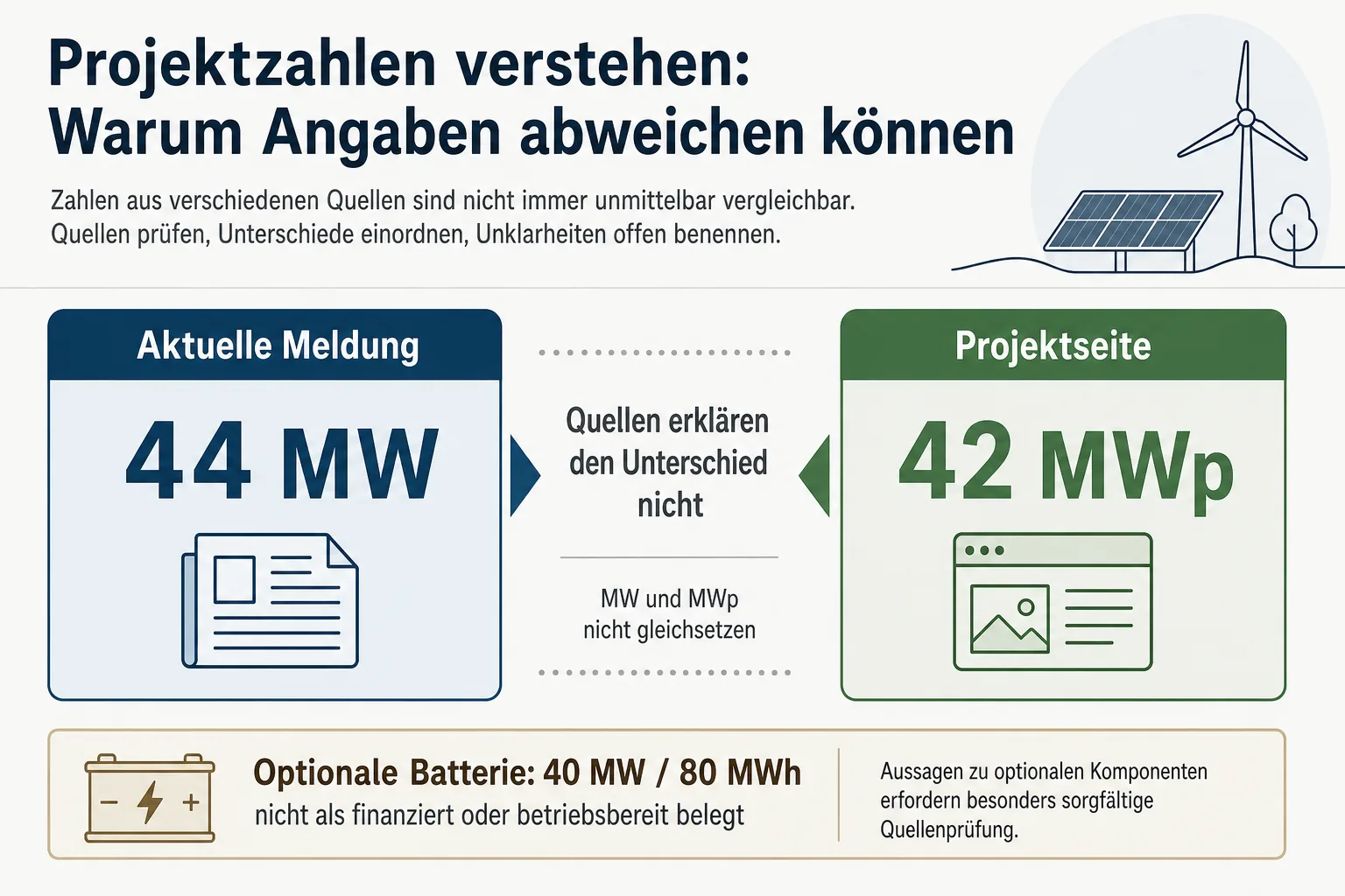 Zweispaltige Grafik stellt 44 MW aus der aktuellen Meldung und 42 MWp von der Projektseite mit einem Quellenhinweis gegenüber