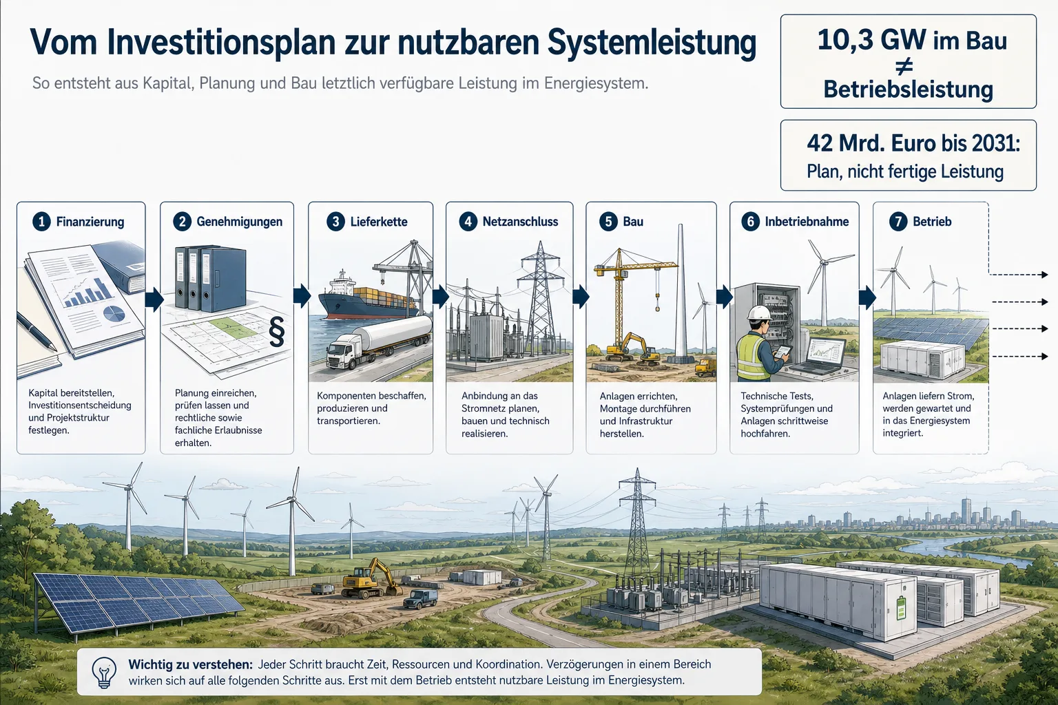 Prozessgrafik ordnet Finanzierung, Genehmigungen, Lieferkette, Netzanschluss, Bau, Inbetriebnahme und Betrieb
