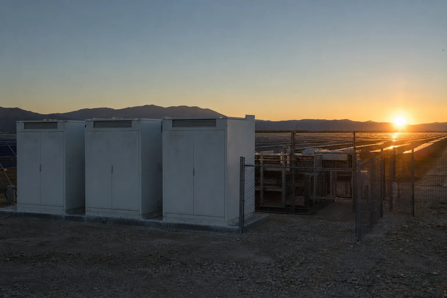 Unmarkierte Batteriespeichercontainer neben Solarmodulen im warmen Licht kurz vor Sonnenuntergang.