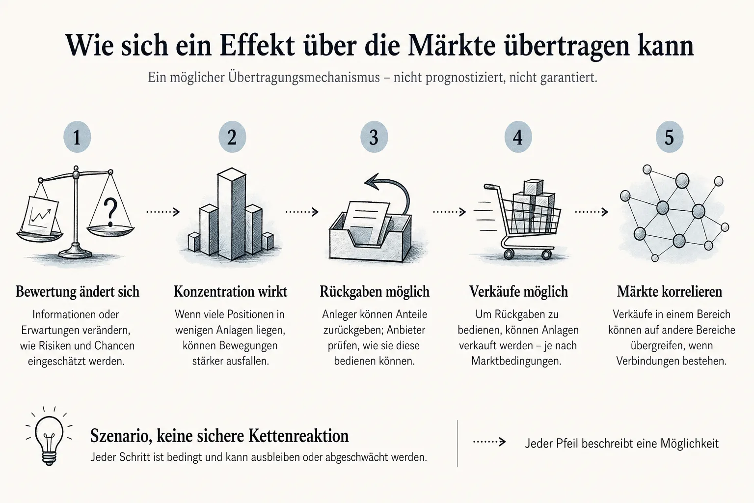 Prozessgrafik zeigt Bewertung, Konzentration, mögliche Rückgaben, mögliche Verkäufe und Korrelation zwischen Märkten