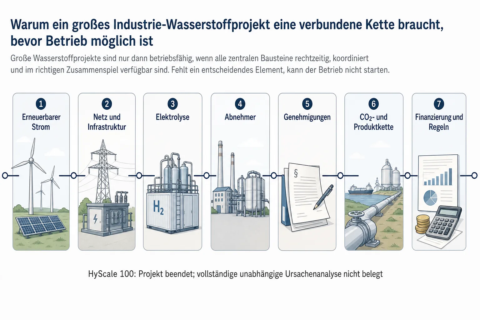 Prozessgrafik verbindet erneuerbaren Strom, Netz und Infrastruktur, Elektrolyse, Abnehmer, Genehmigungen, CO2- und Produktkette sowie Finanzierung und Regeln