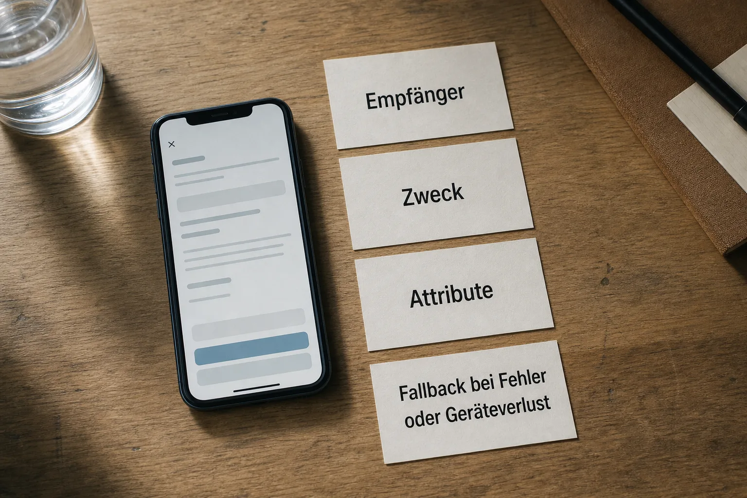 Smartphone und Karten mit den Begriffen Empfänger, Zweck, Attribute und Fallback bei Fehler oder Geräteverlust