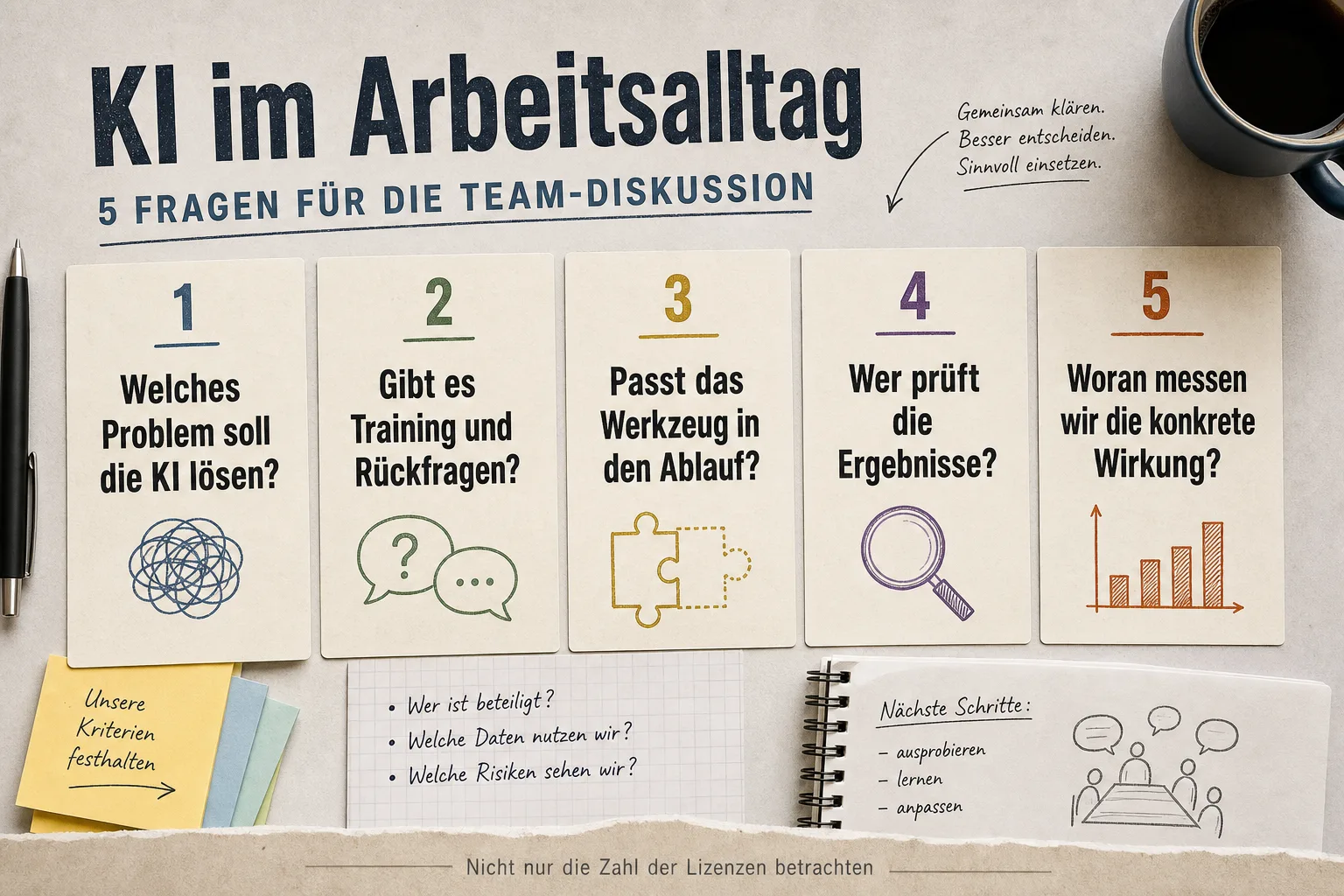 Team mit Laptop und Notizen prüft gemeinsam Zweck, Training, Ablaufpassung, menschliche Kontrolle und konkrete Wirkung eines KI-Werkzeugs