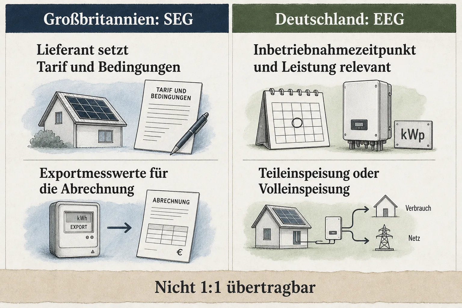 Vergleichsgrafik stellt Lieferantentarif und Exportmessung im britischen SEG den deutschen EEG-Faktoren Inbetriebnahme, Leistung und Einspeiseart gegenüber
