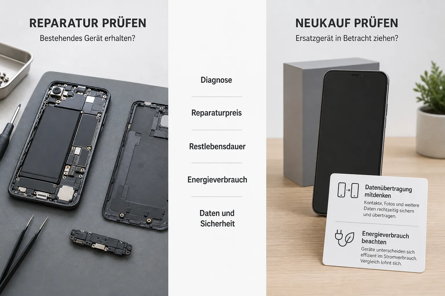 Vergleichsillustration stellt einen neutralen Reparaturarbeitsplatz einem Ersatzgerät mit Prüfung von Kosten, Lebensdauer, Energieverbrauch und Datensicherheit gegenüber
