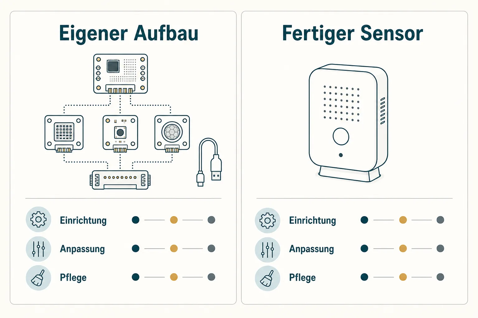 Redaktionelle Vergleichsgrafik stellt einen eigenen modularen Aufbau und einen fertigen Sensor anhand von Einrichtung, Anpassung und Pflege gegenüber.