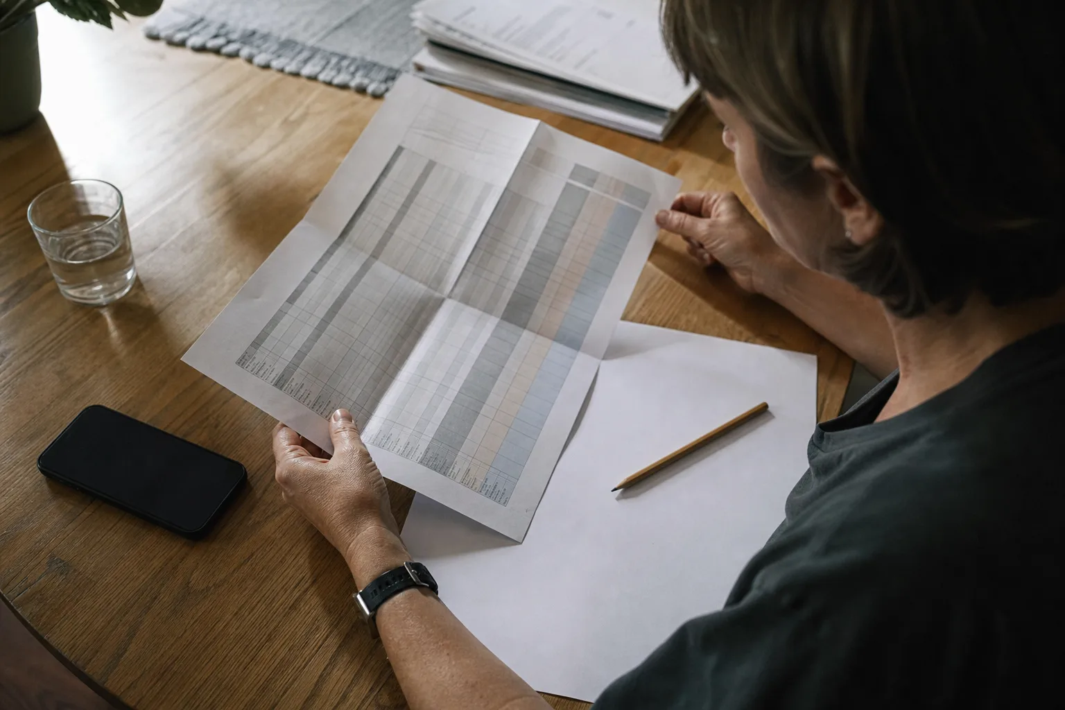 Eine Person prüft an einem Schreibtisch ein nicht lesbares Preis- und Leistungsverzeichnis neben einem neutralen Smartphone, Bleistift und Notizblatt.