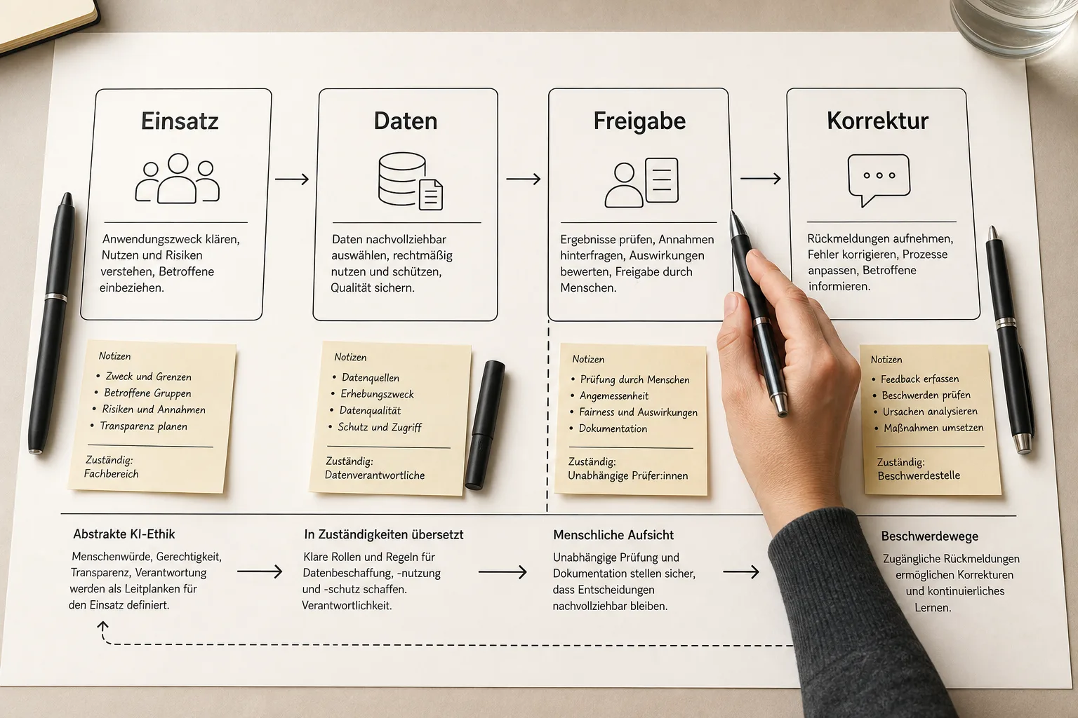 Prozessgrafik mit den vier Schritten Einsatz, Daten, Freigabe und Korrektur