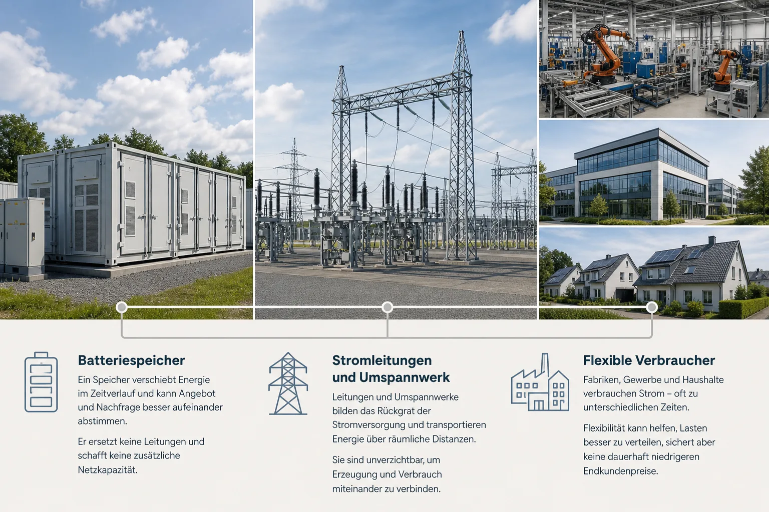 Redaktionelle Vergleichsillustration mit Batteriespeicher, Stromleitungen, Umspannwerk, Fabrik und Haushalten