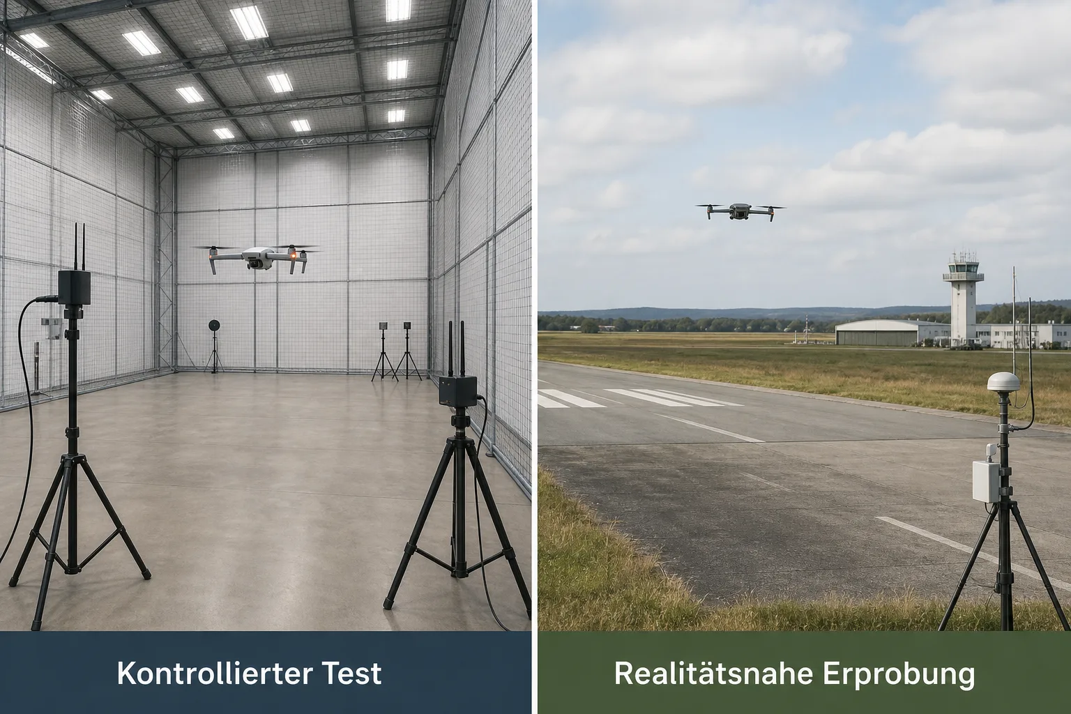 Vergleichsgrafik mit einem kontrollierten Drohnentest in einem Käfig und einer realitätsnahen Erprobung auf einer Forschungsflughafen-Fläche.