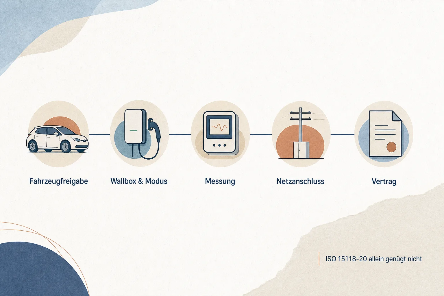 Eine Prozessgrafik verbindet Fahrzeugfreigabe, Wallbox und Modus, Messung, Netzanschluss sowie Vertrag.