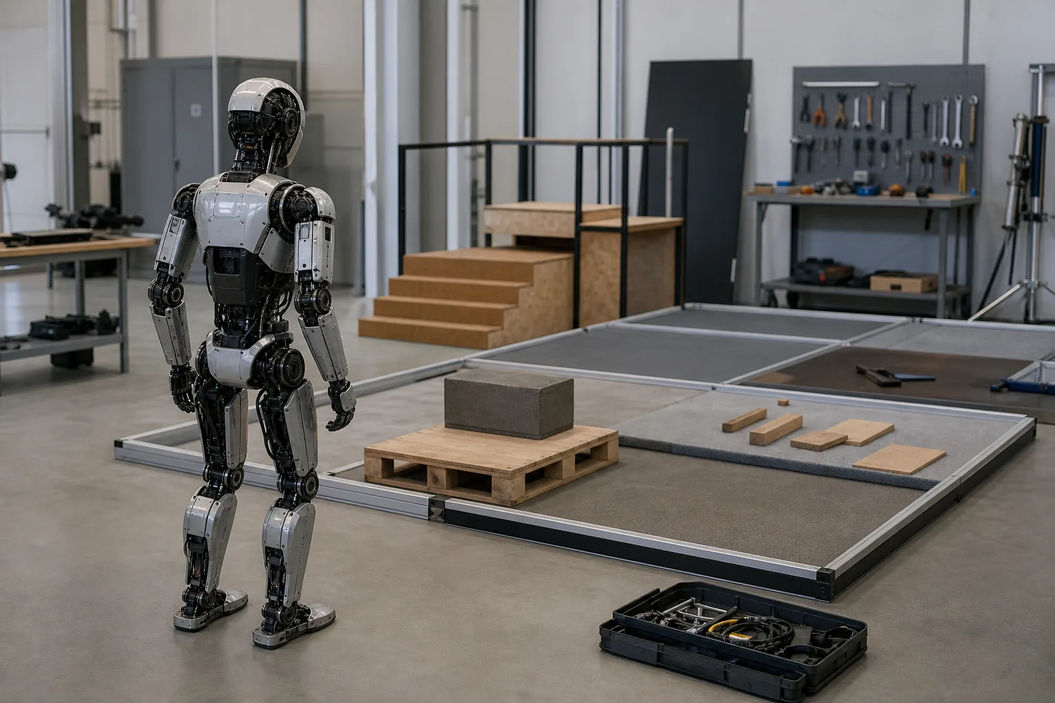 Humanoider Roboterprototyp am Anfang eines neutralen Testfelds mit Prüfobjekten und Wartungswerkzeugen