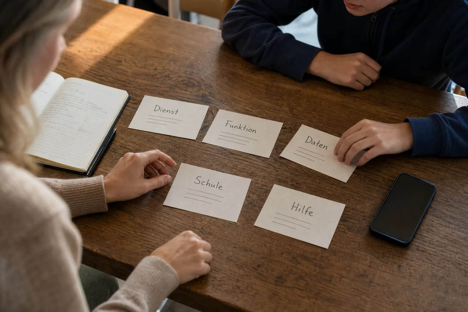 Smartphone, Notizbuch und fünf Gesprächskarten mit den Überschriften Dienst, Funktion, Daten, Schule und Hilfe auf einem Küchentisch