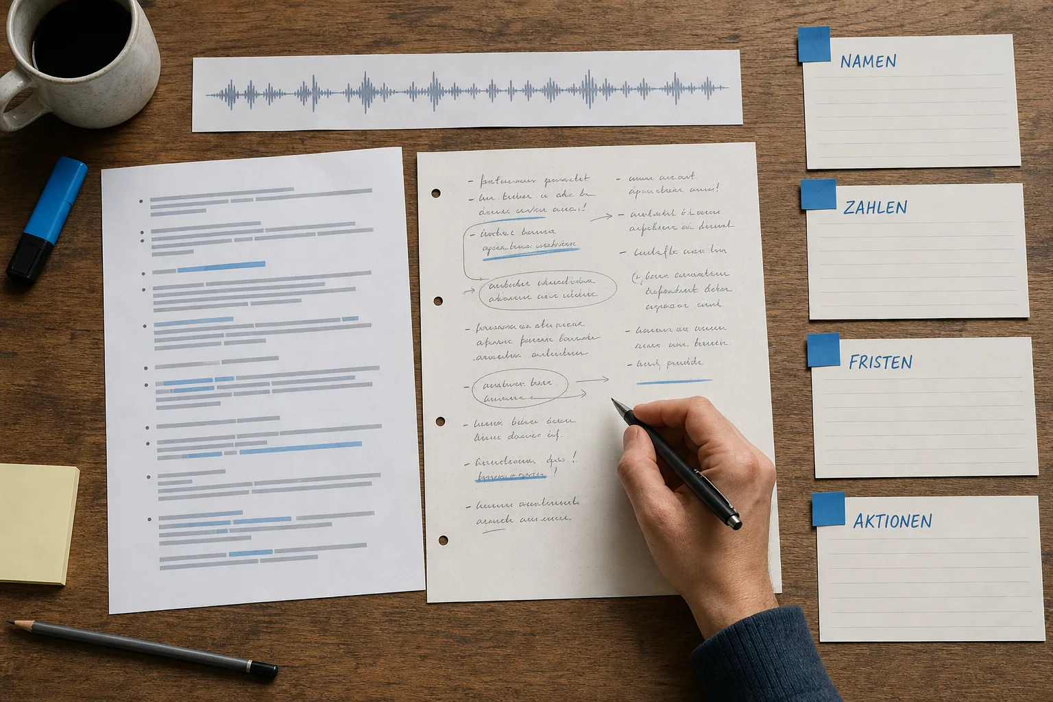Hand vergleicht einen Meeting-Recap mit Notizen zu Namen, Zahlen, Fristen und Aktionen