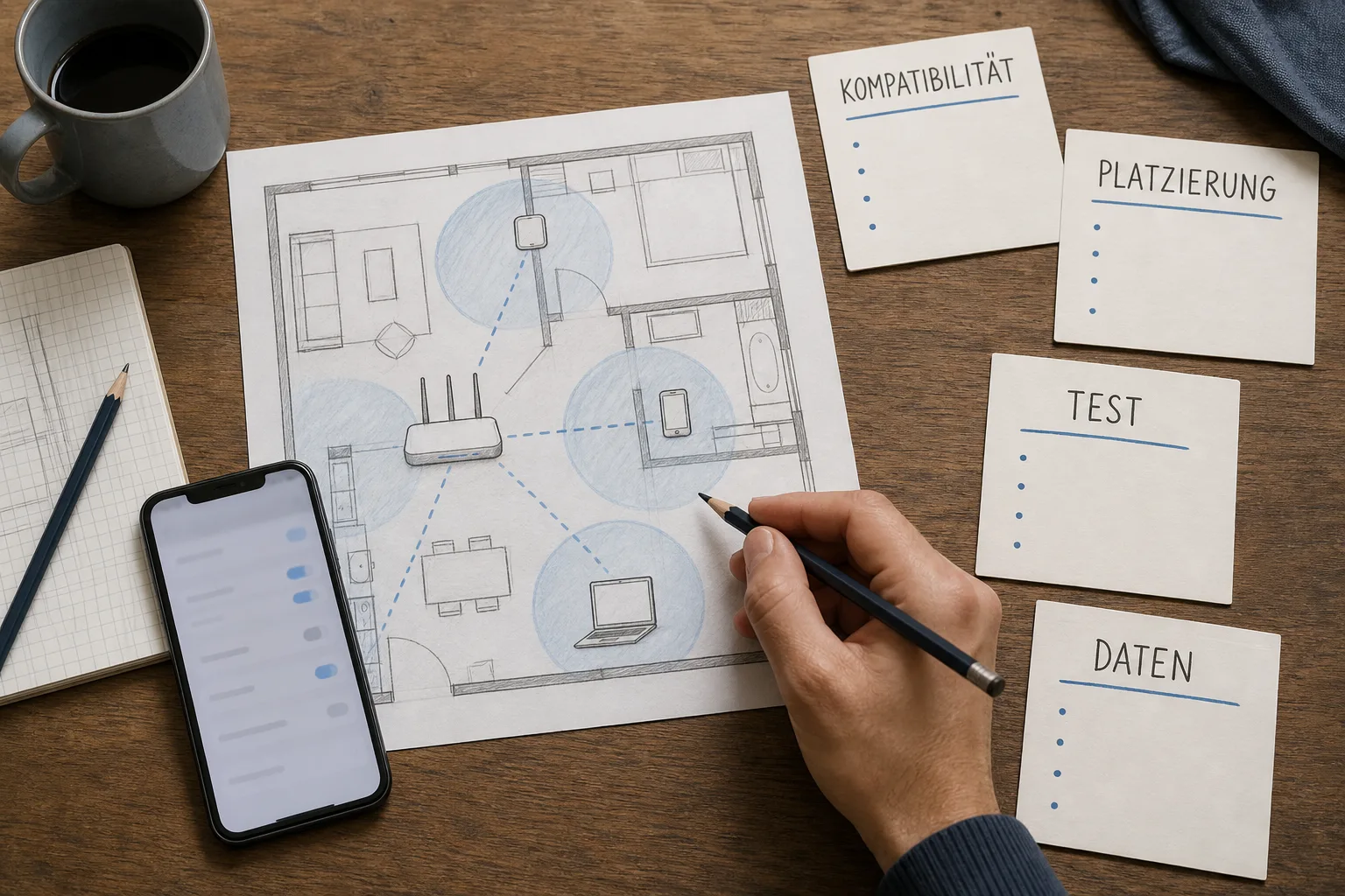 Hand prüft auf einem Tisch Hinweise zu Kompatibilität, Platzierung, Test und Daten bei einem WLAN-Sensor