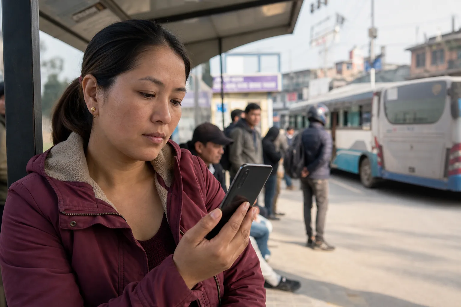 Person an einer Bushaltestelle prüft ein neutrales Smartphone vor einem Bus im Hintergrund