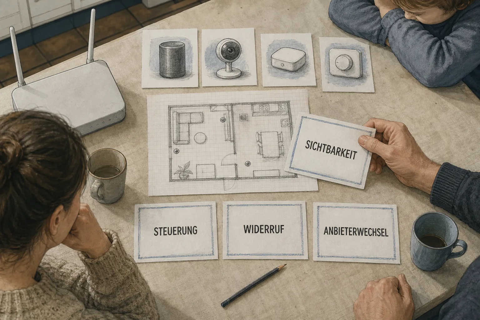 Hand prüft offene Fragen zu Sichtbarkeit, Steuerung, Widerruf und Anbieterwechsel bei einem Smart-Home-Service