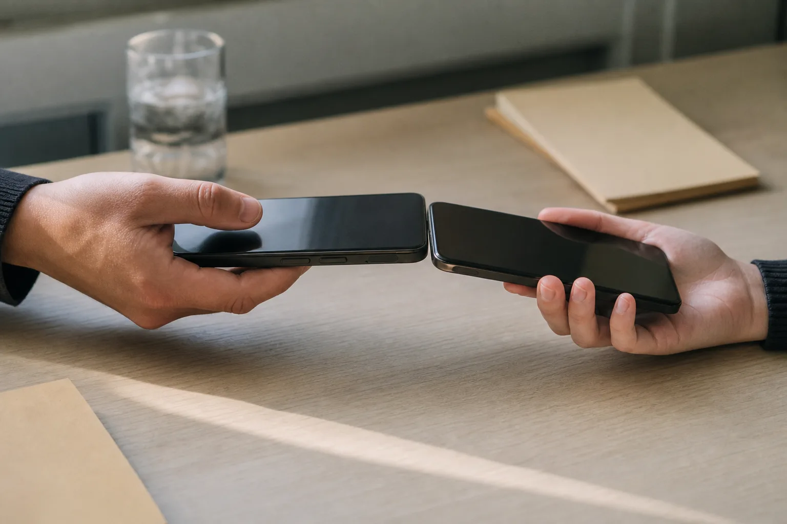 Zwei unmarkierte Smartphones werden für eine Nahbereichszahlung ohne sichtbares Netz gegenübergehalten