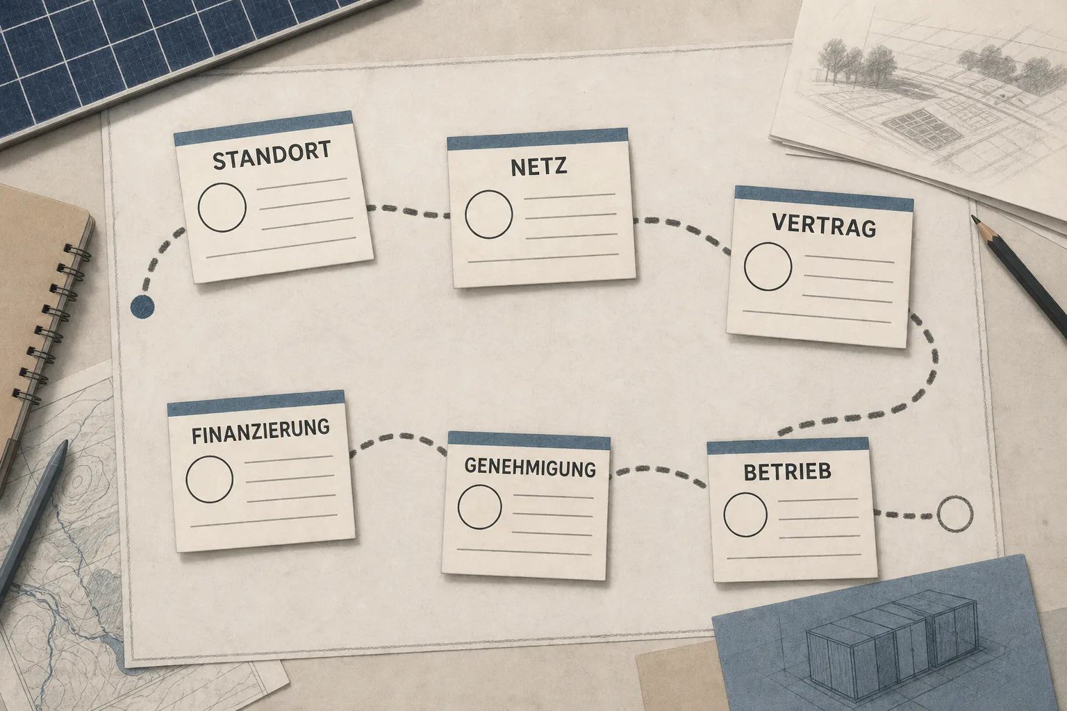 Offene Prüfkarten strukturieren Standort, Netz, Vertrag, Finanzierung, Genehmigung und Betrieb eines geplanten Solar-Speicher-Projekts