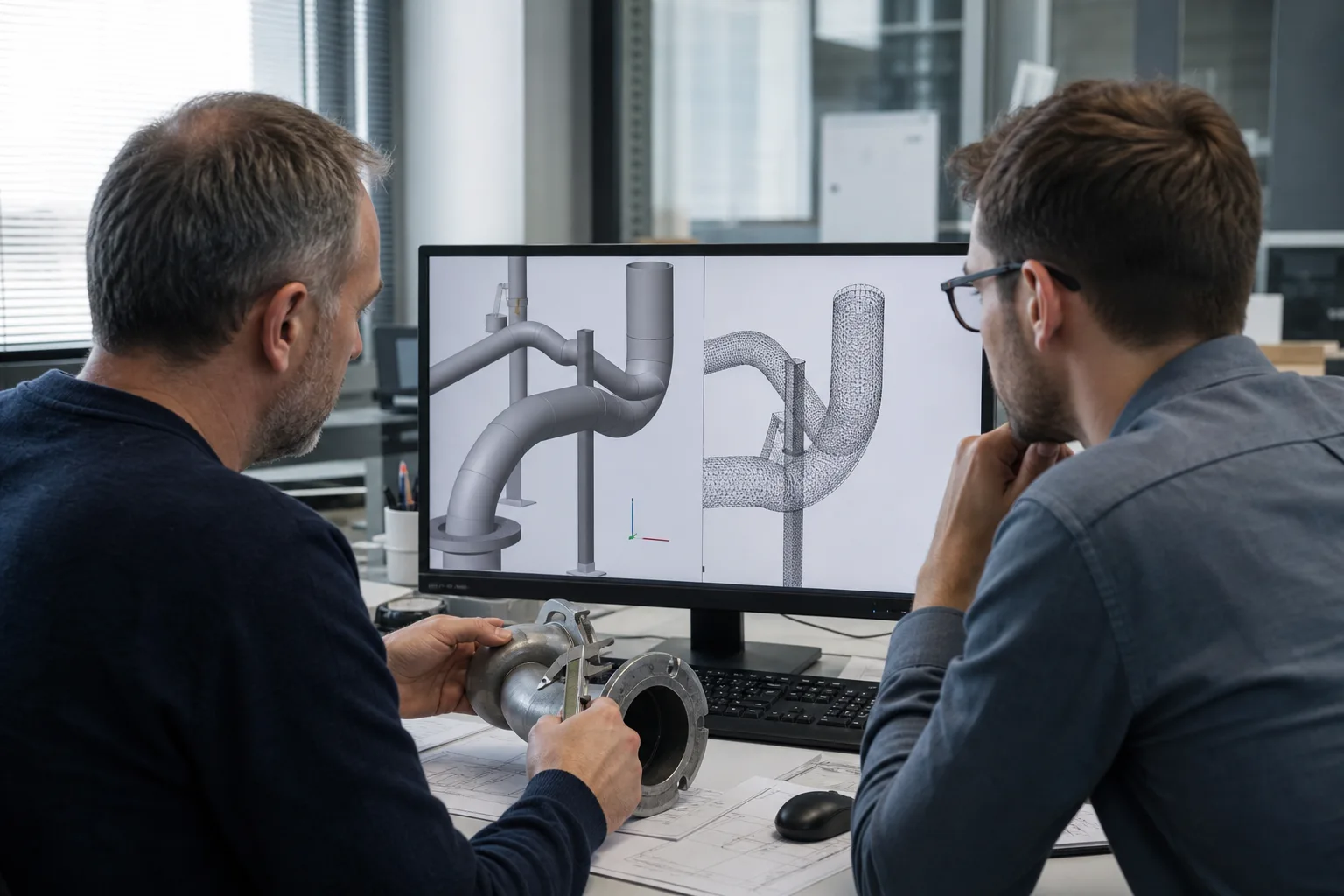 Ingenieurinnen und Ingenieure prüfen ein neutrales CAD- und Mesh-Modell für industrielle Rohrleitungen