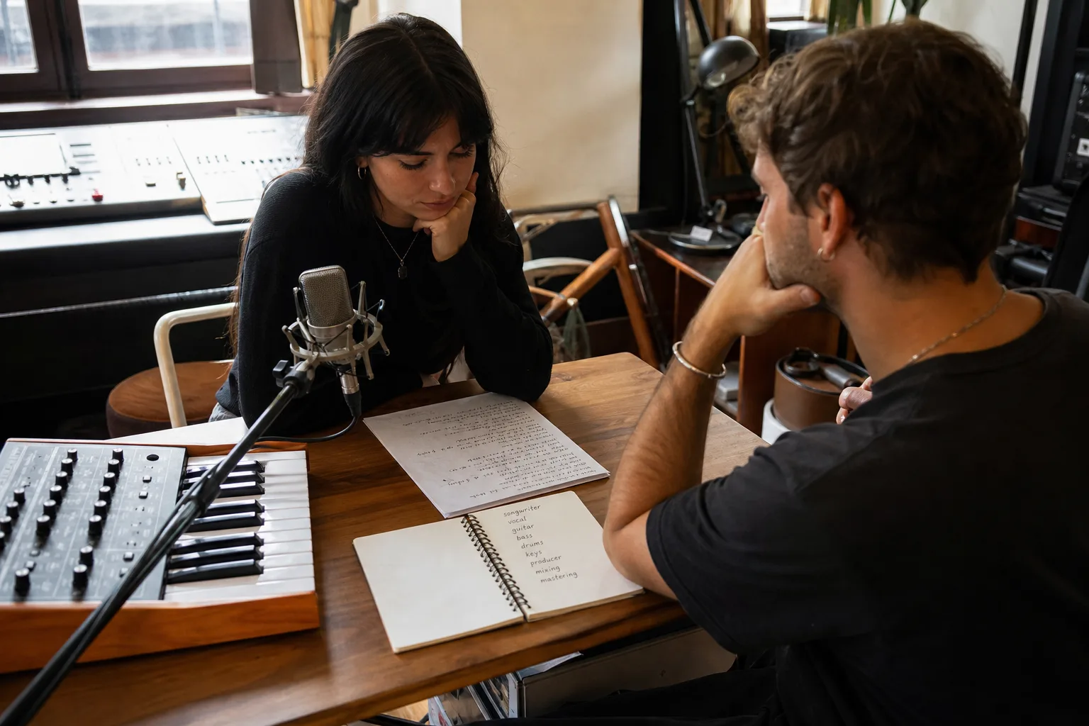 Musiker und Produzent prüfen Lyrics, Mikrofon und Synthesizer in einem unabhängigen Tonstudio