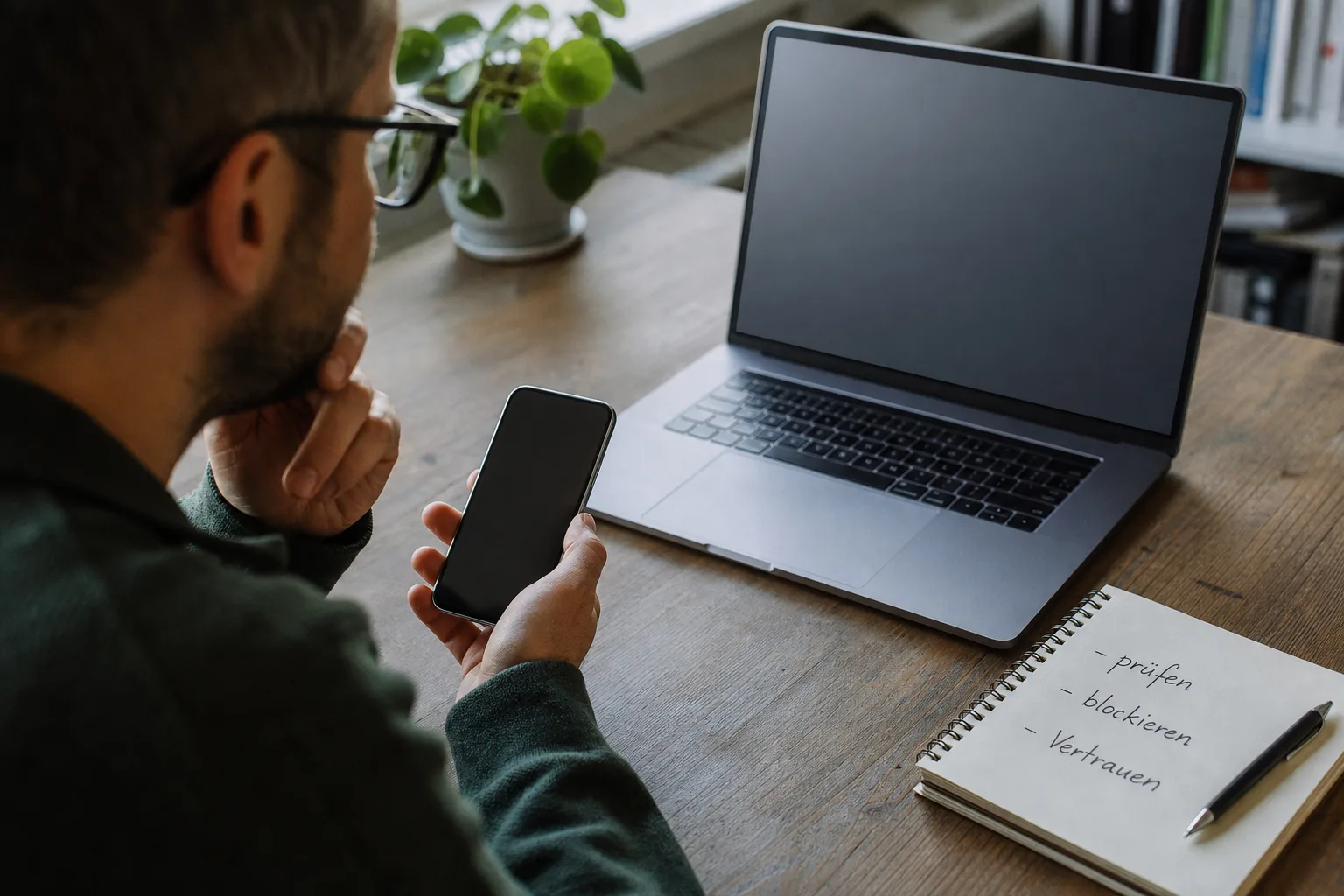 Person vergleicht ein Smartphone und einen Laptop bei der Prüfung von Benachrichtigungsrechten