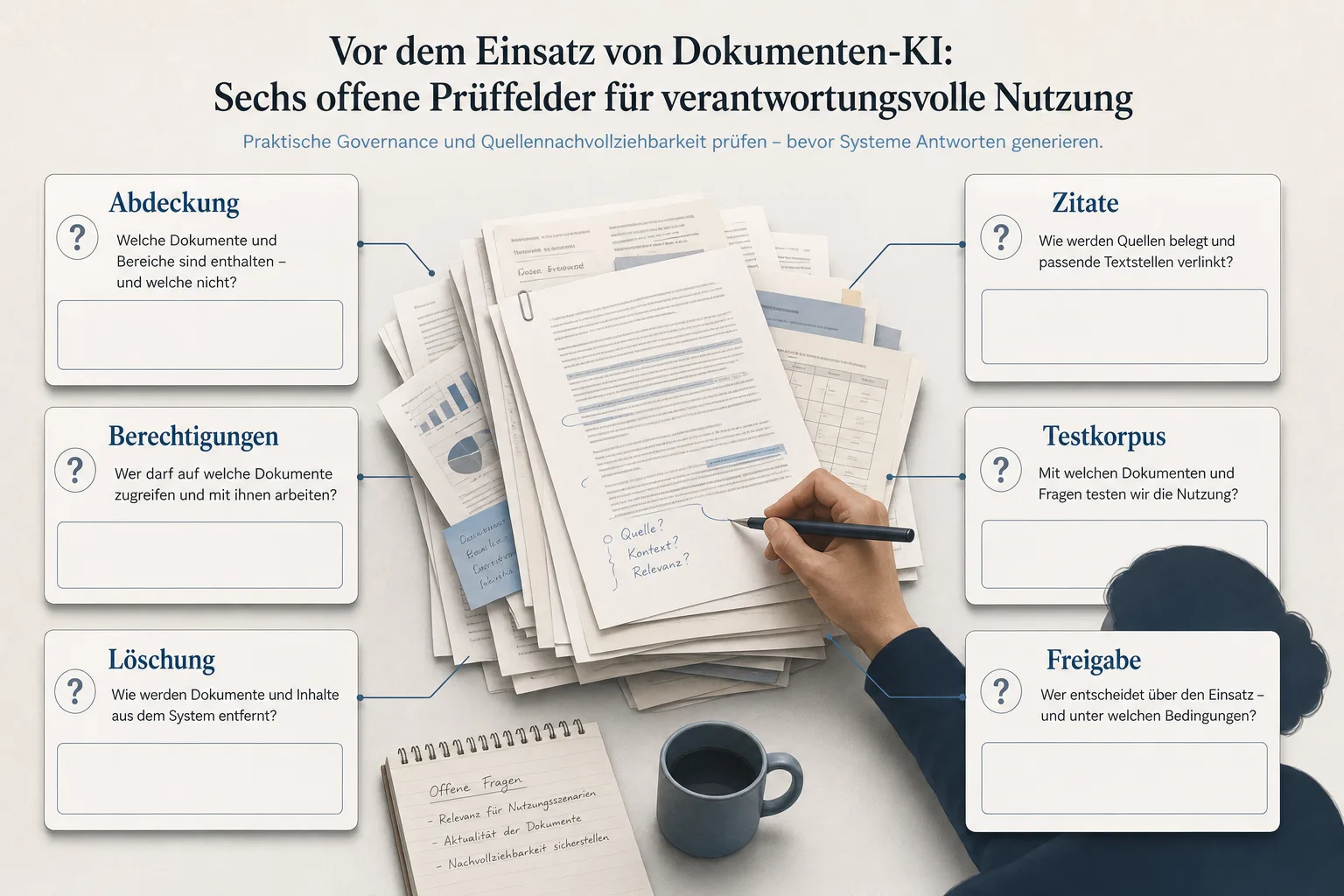 Sechs offene Prüffelder für Abdeckung Berechtigungen Löschung Zitate Testkorpus und Freigabe