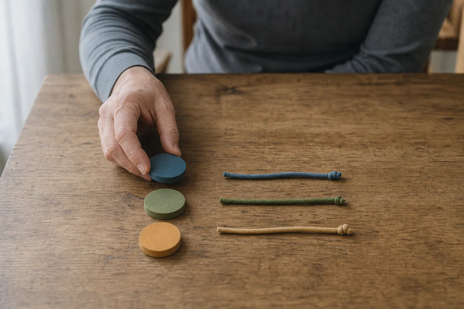 Eine erwachsene Hand ordnet auf einem kleinen Holztisch drei vollständig unbeschriftete Holzplättchen in gedeckten Farben neben drei kurzen einfarbigen Kordeln als abstrakte Reiseoptionen.