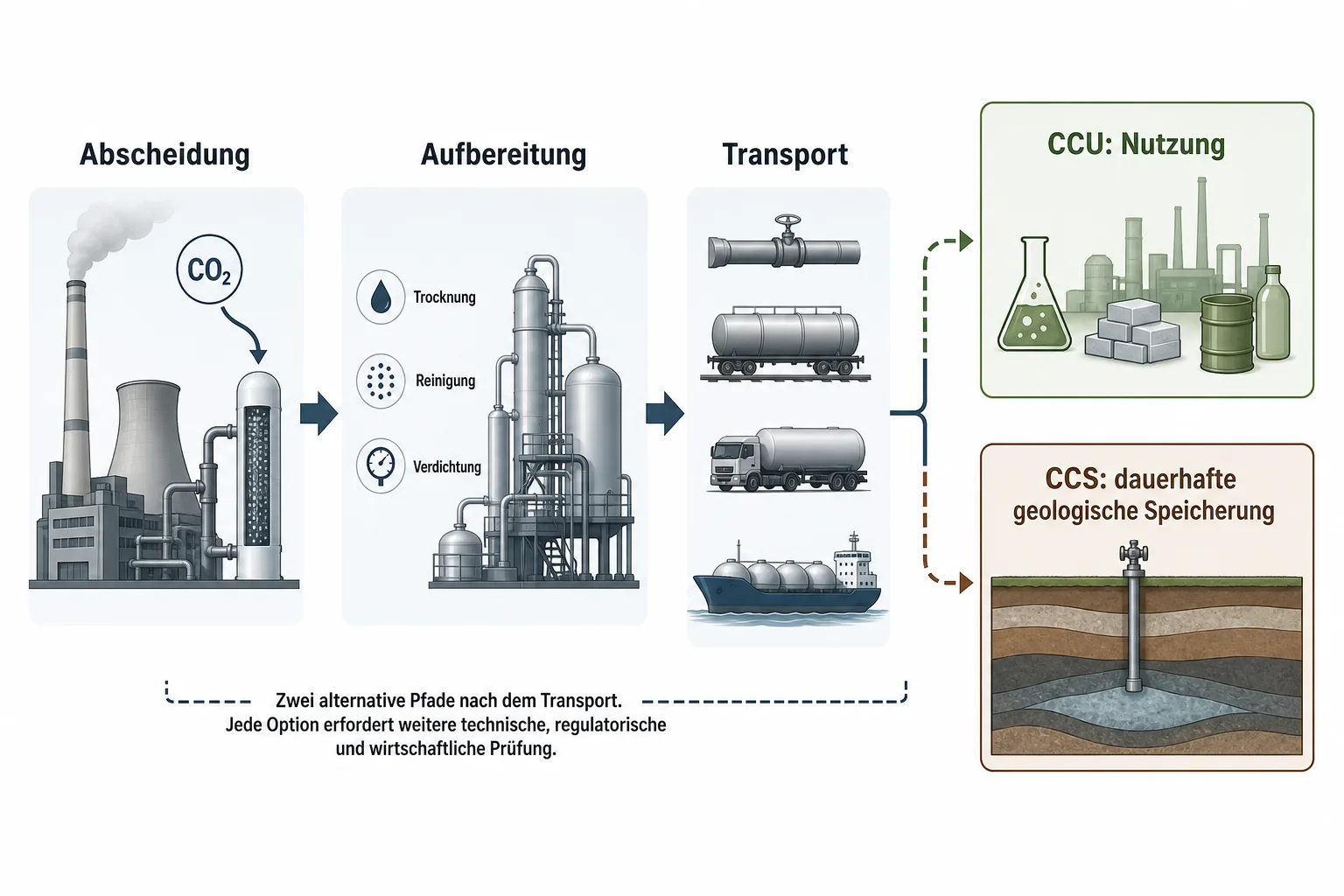 Schematische CO₂-Kette von der Abscheidung über Aufbereitung zu Nutzung oder Speicherung
