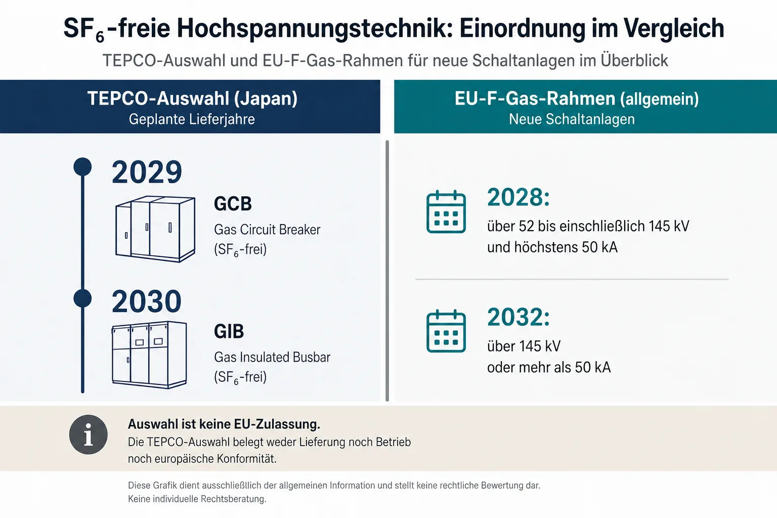 Vergleichsgrafik zu TEPCO-Lieferjahren 2029 und 2030 sowie EU-F-Gas-Fristen für neue Schaltanlagen