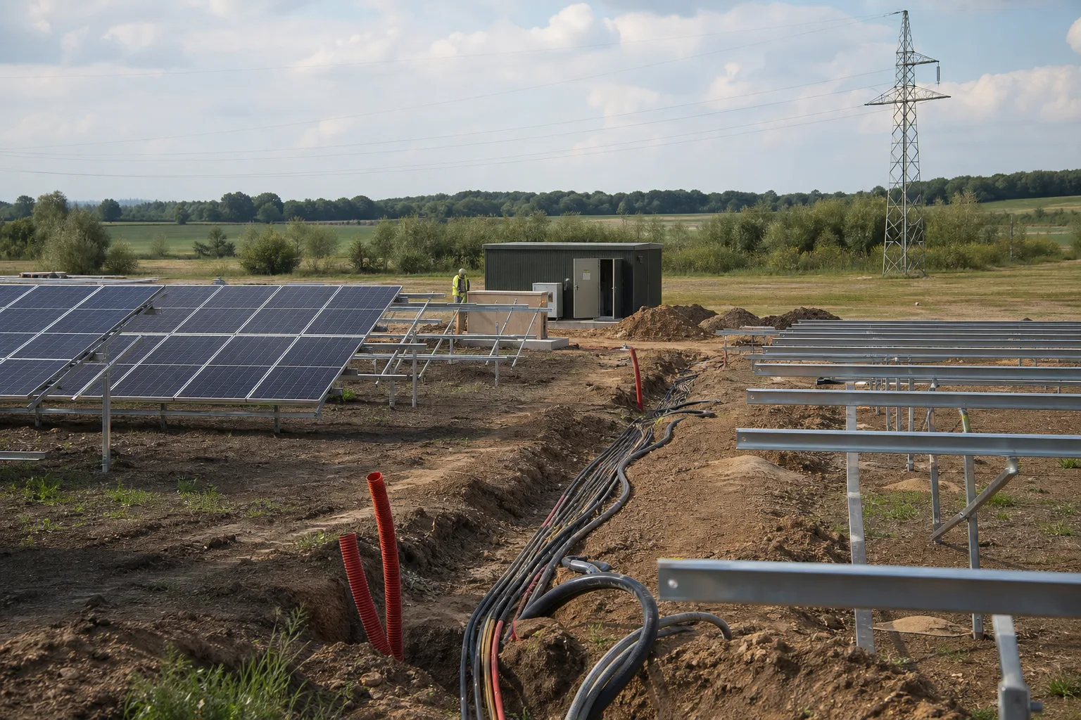 Teilweise montierte Solaranlage mit Bauarbeiten und Netzstation im Hintergrund