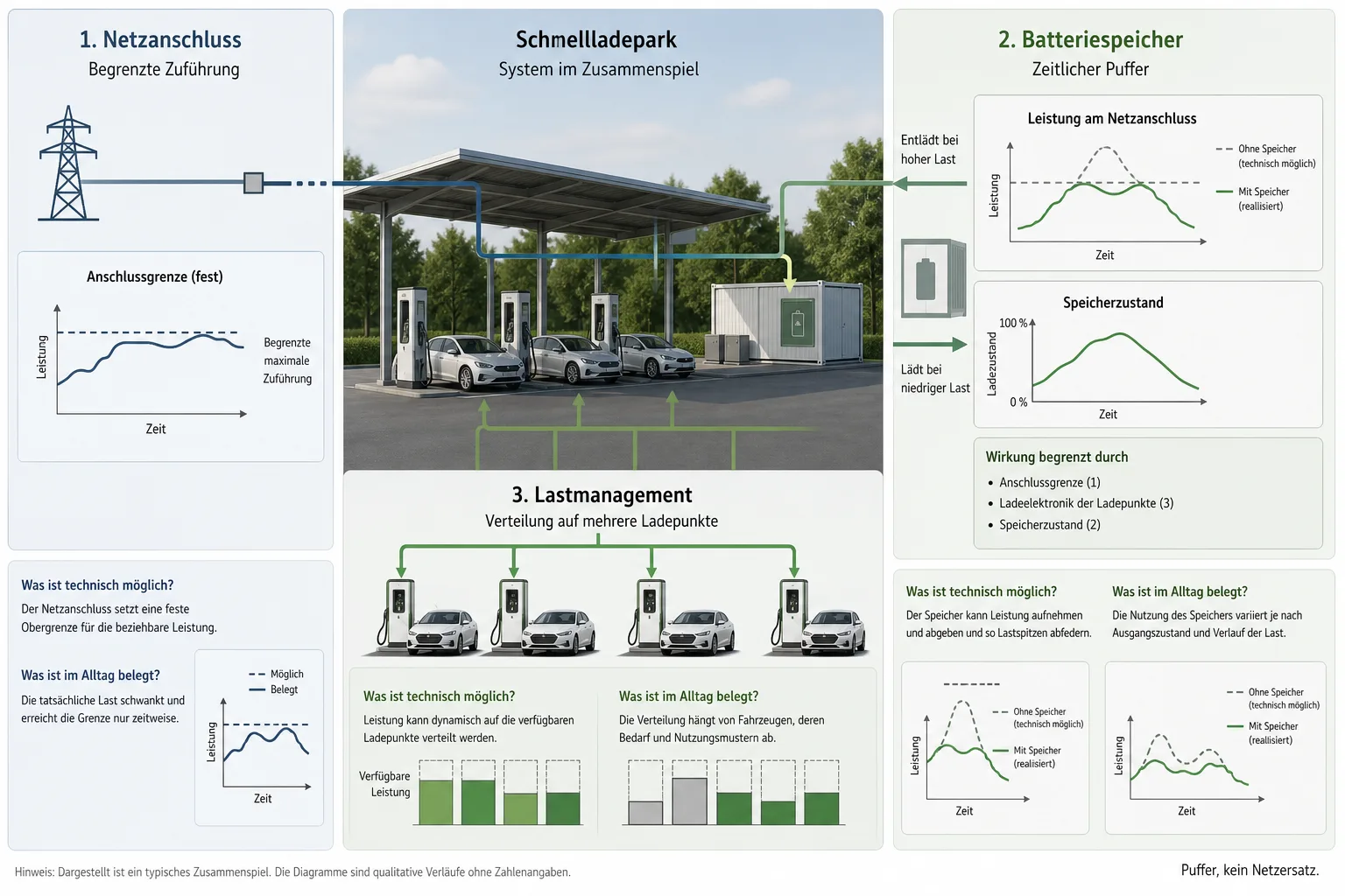 Systemgrafik verbindet begrenzten Netzanschluss, Batteriespeicher, Lastmanagement und mehrere Ladepunkte