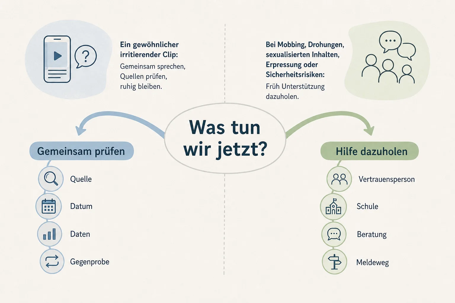 Erklärgrafik trennt gemeinsame Quellenprüfung von zusätzlichen Hilfs- und Meldewegen