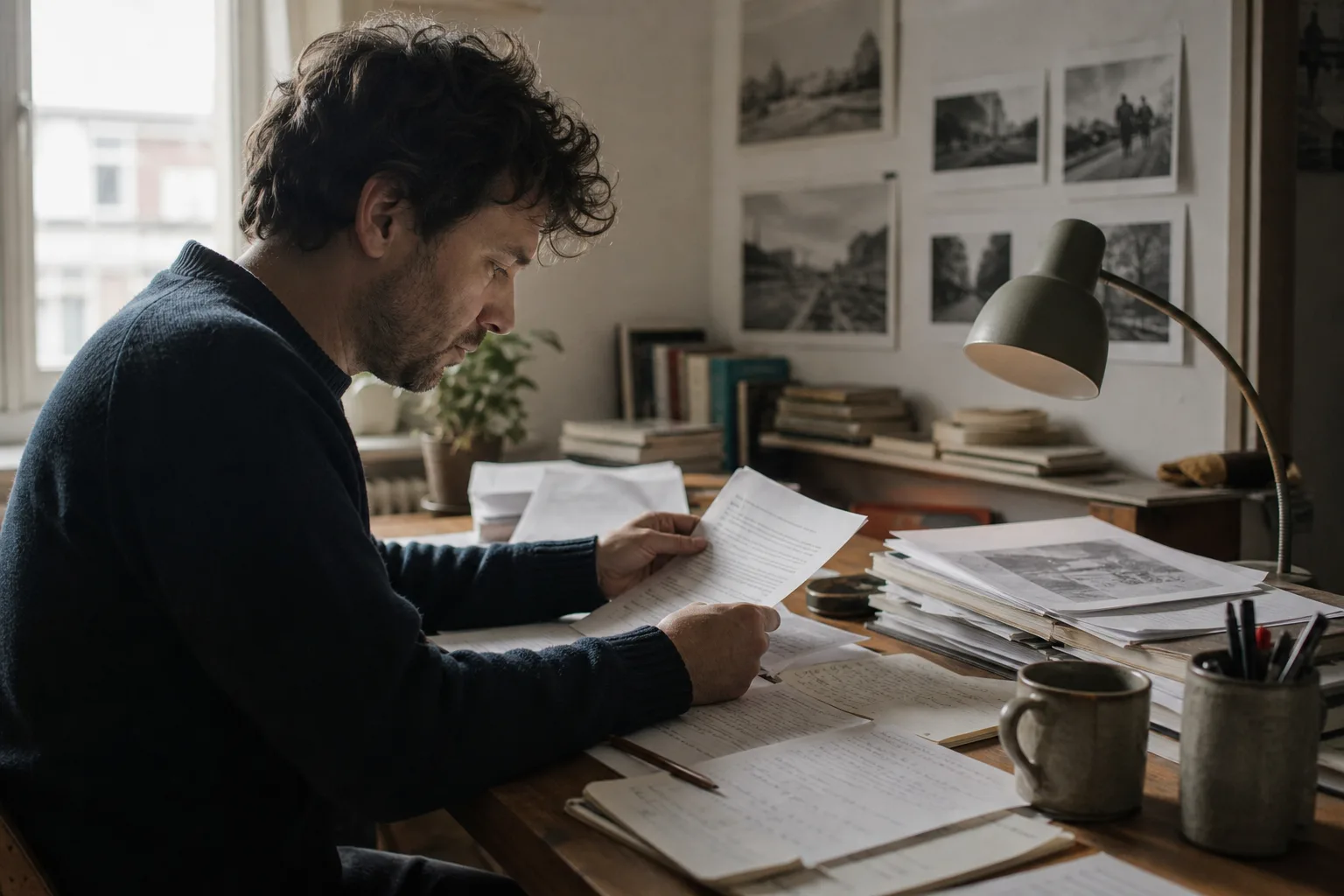 Eine selbstständig arbeitende Person vergleicht an einem Schreibtisch einen Ausdruck mit Quellenunterlagen und handschriftlichen Notizen.