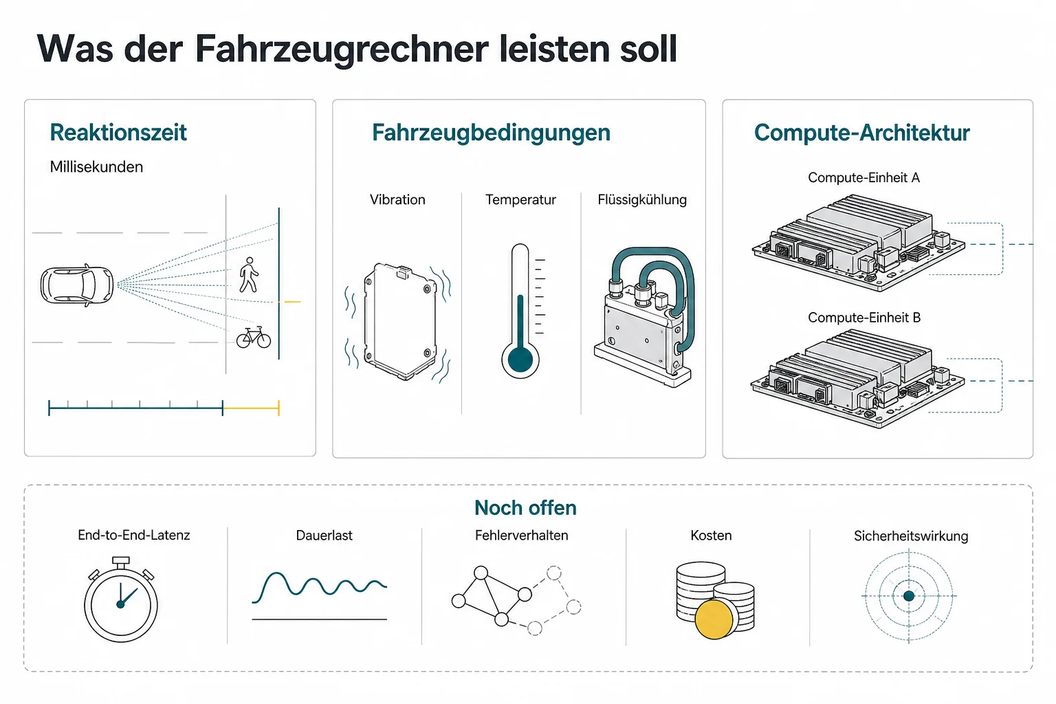 Technische Grafik ordnet Millisekunden, Vibration, Temperatur, Flüssigkühlung und zwei parallel laufende Compute-Einheiten offenen Messfragen zu