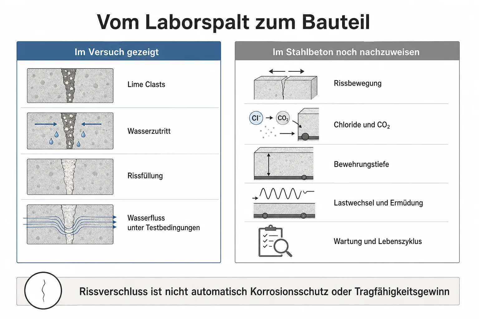 Vergleichsgrafik stellt Laborbefund und offene Nachweise zu Rissbewegung, Transport, Bewehrung und Lastwechsel gegenüber